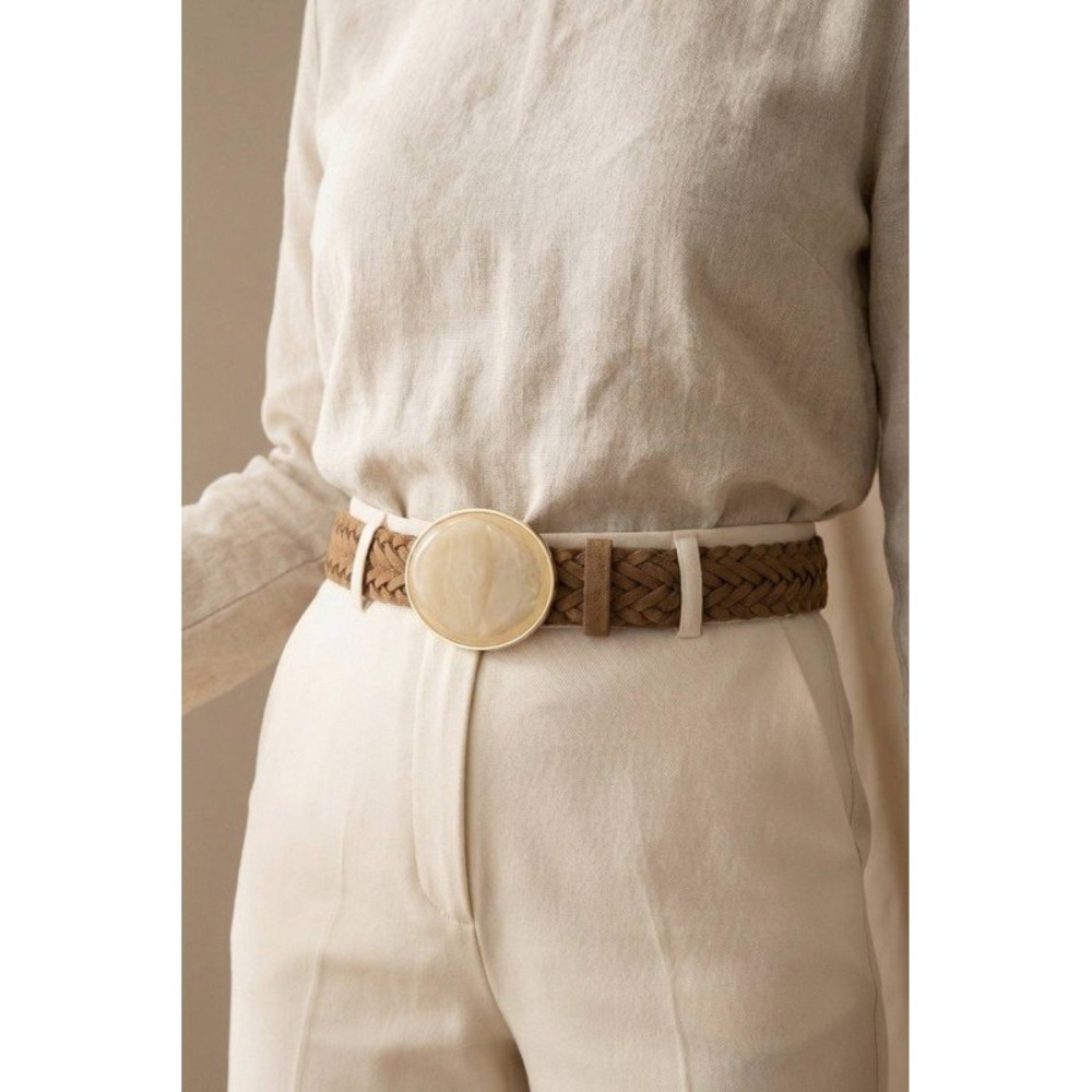 NEW Womens Tan Brown Braided Faux Suede Belt with Round‎ Marbleized Resin Buckle